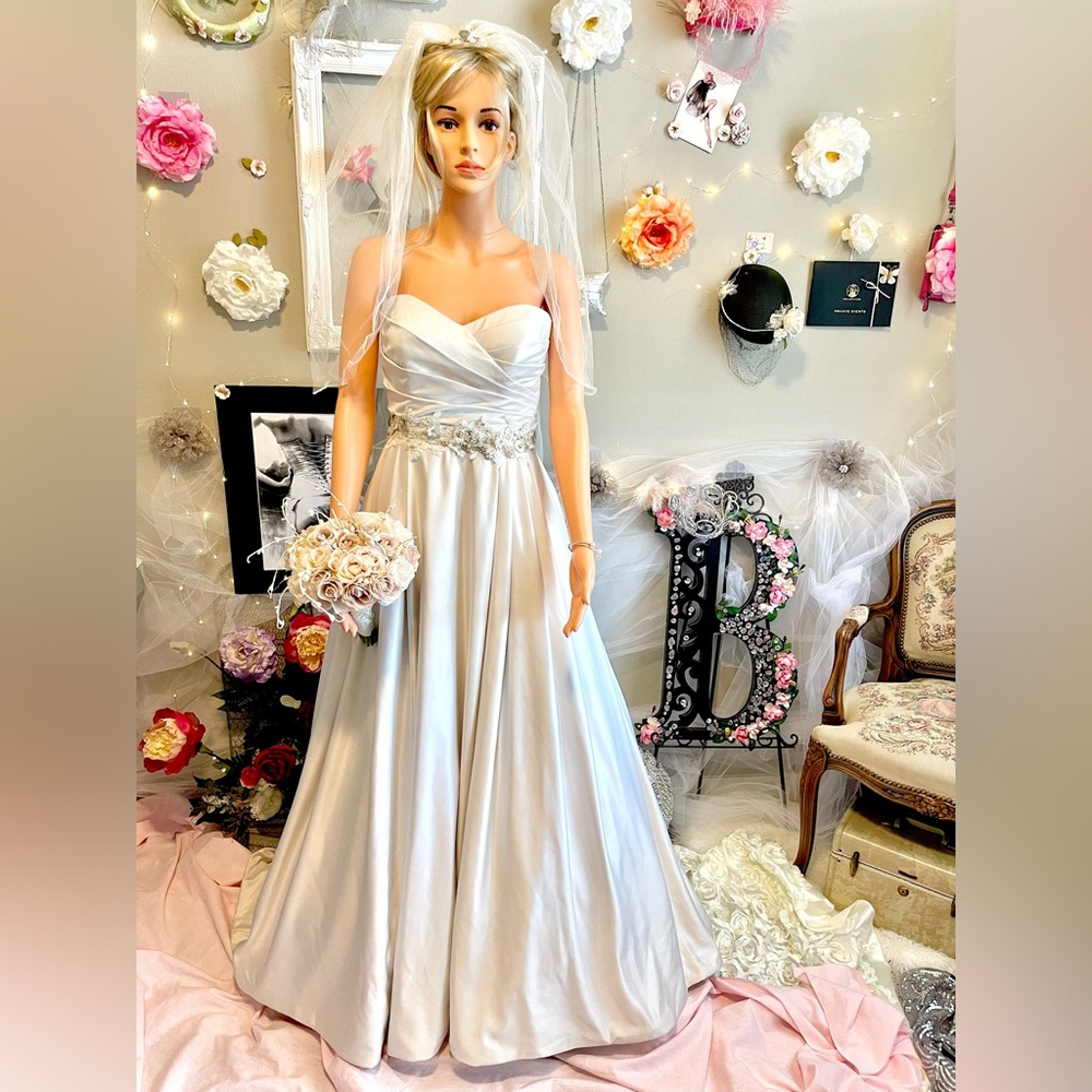 Wedding Pearl Satin Long Strapless Dress w/Pockets Sweetheart Neckline w/Belt